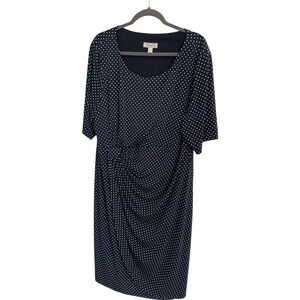 Dressbarn Women's 22 Navy Blue Dress Polka Dot Short Sleeve Ruched